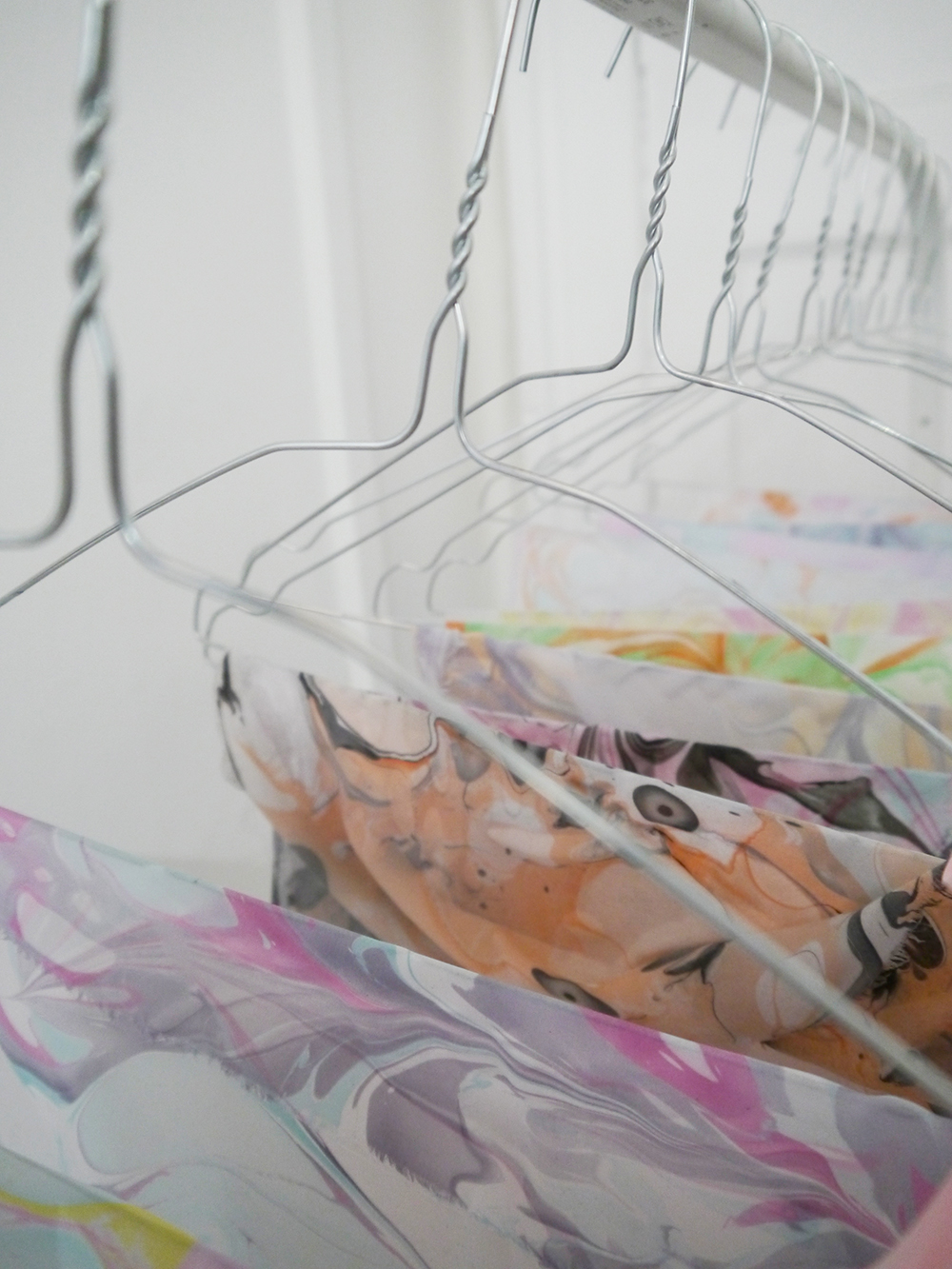 Drying fabrics at silk marbling workshop in Edinburgh Mischke Lingerie, Hill Street Deisgn House, silk marbling technique, silk marbling workshop, lingerie making workshop, Edinburgh events, craft blog, how to