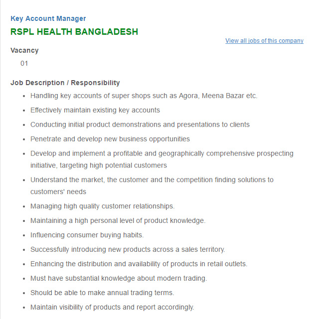 RSPL HEALTH BANGLADESH Key Account Manager Job Opportunity