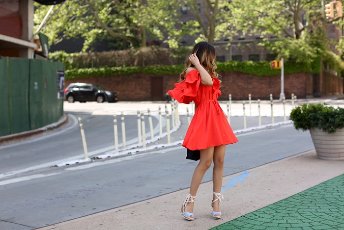 Chicwish Darling Ruffled Off shoulder Dress in Red, chanel grand shopping tote, quay my girl cateye sunglasses,Sole Society Sena Espadrille Wedge , nyc street style 