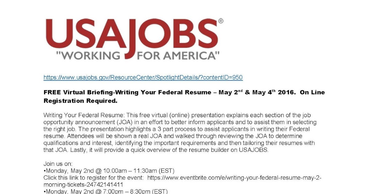 USAJOBS is hosting a FREE Federal Resume online on May 2nd and 4th