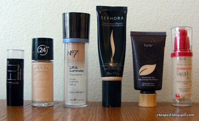 Maybelline Fit Me Shine-Free Foundation Stick in Porcelain (110), Revlon Colorstay Makeup (Oily/Combination) in Ivory, Boots No7 Lift and Luminate Foundation in Cool Vanilla, Sephora Perfecting Tinted Moisturizer (discontinued), Tarte Amazonian Clay Full Coverage Foundation in Fair Sand, and Bourjois Healthy Mix Foundation in Light Vanilla