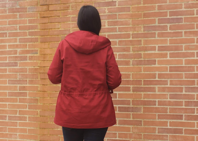 Back view of the Indiesew/Allie Olsen Lonetree Jacket in red twill with a gold zipper.