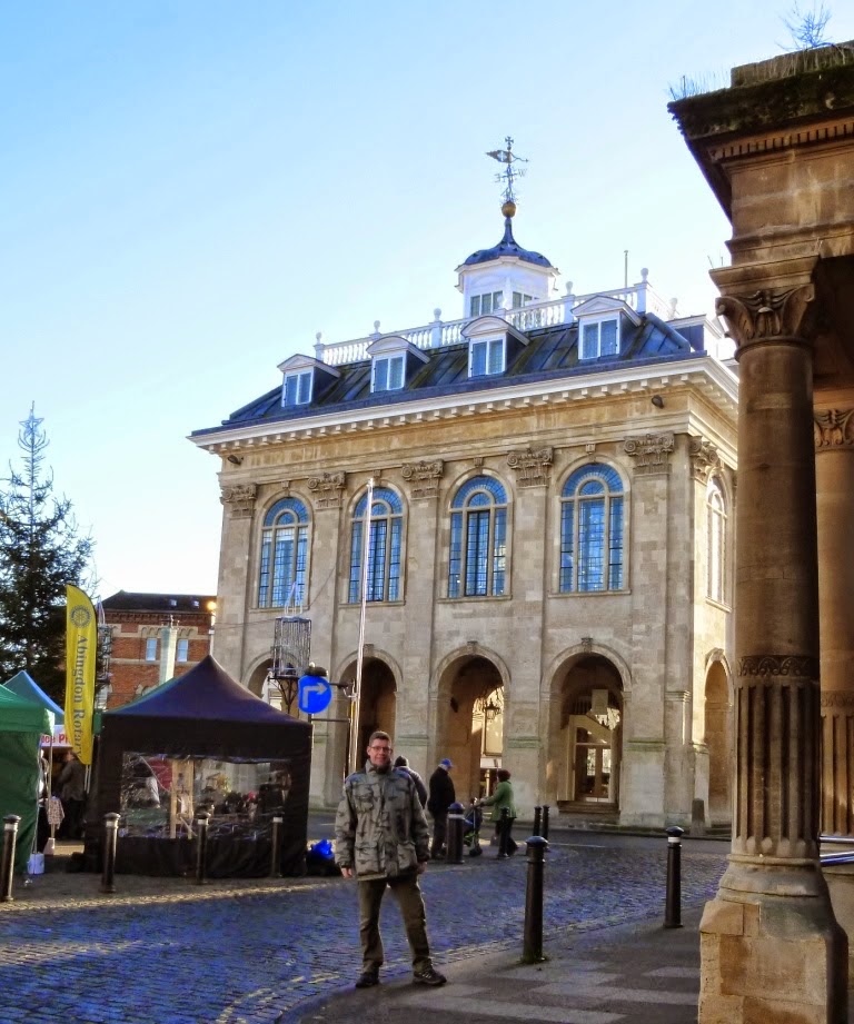 Outside the former County Hall in Abingdon-on-Thames. The building is now home to the town's museum, while the basement is a new cafe. The market place itself has not changed a great deal over the decades, illustrated by the postcards featured in my article