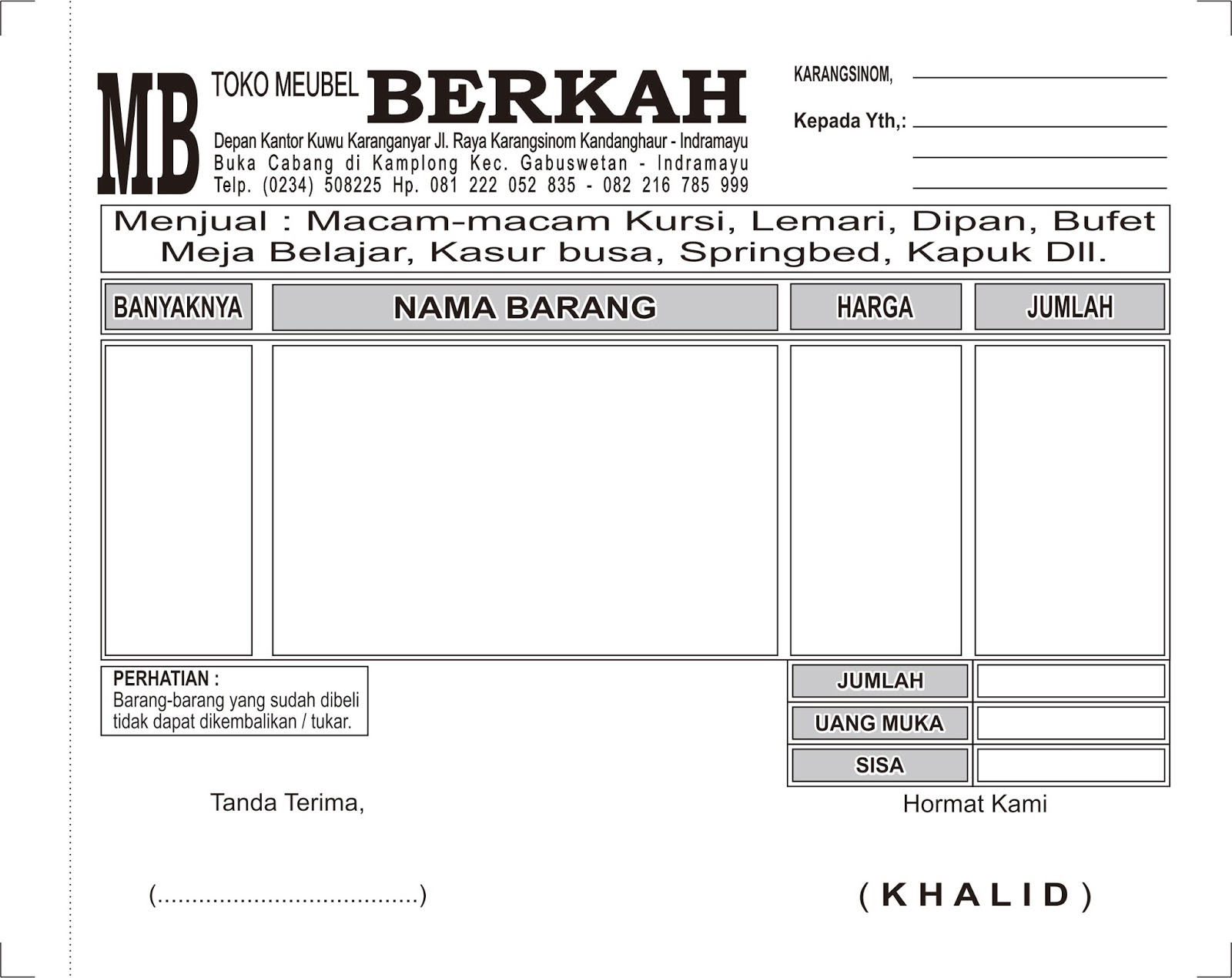 contoh nota pembelian komputer