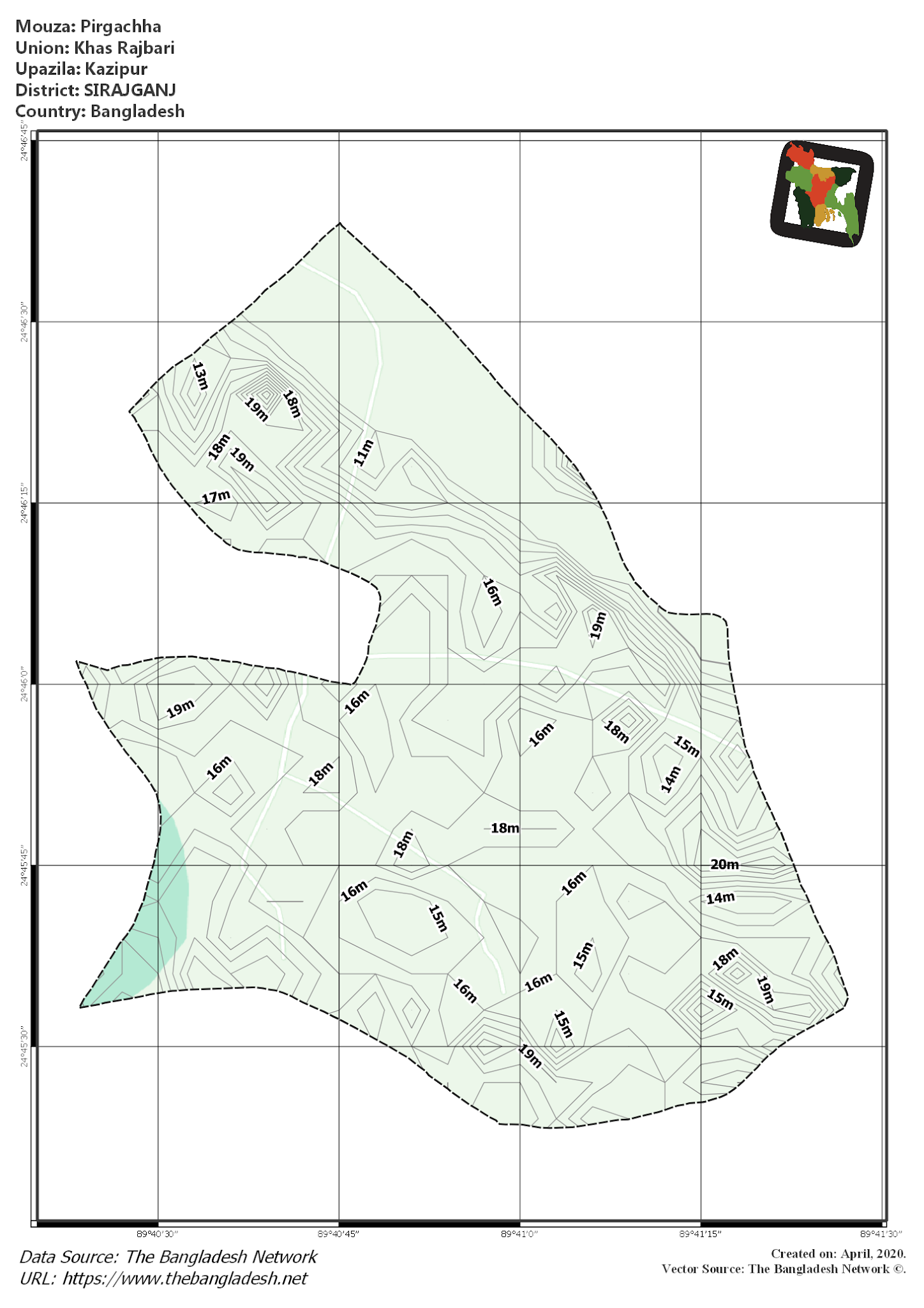 Map of Pirgachha Mouza of Kazipur Upazila, SIRAJGANJ, Bangladesh.