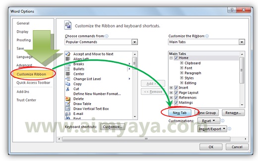  Gambar: Membuat atau menambahkan sebuah tab ribbon baru di Microsoft Word 2010