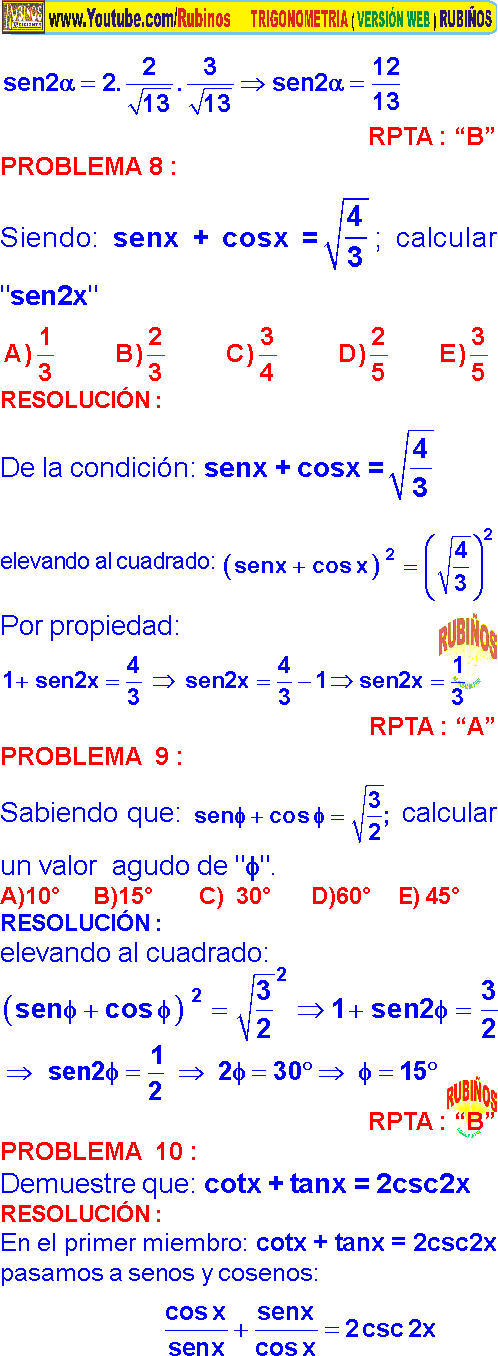 Angulo Doble Trigonometría Ejercicios Resueltos Identidades Trigonométricas De Arco Doble Pdf