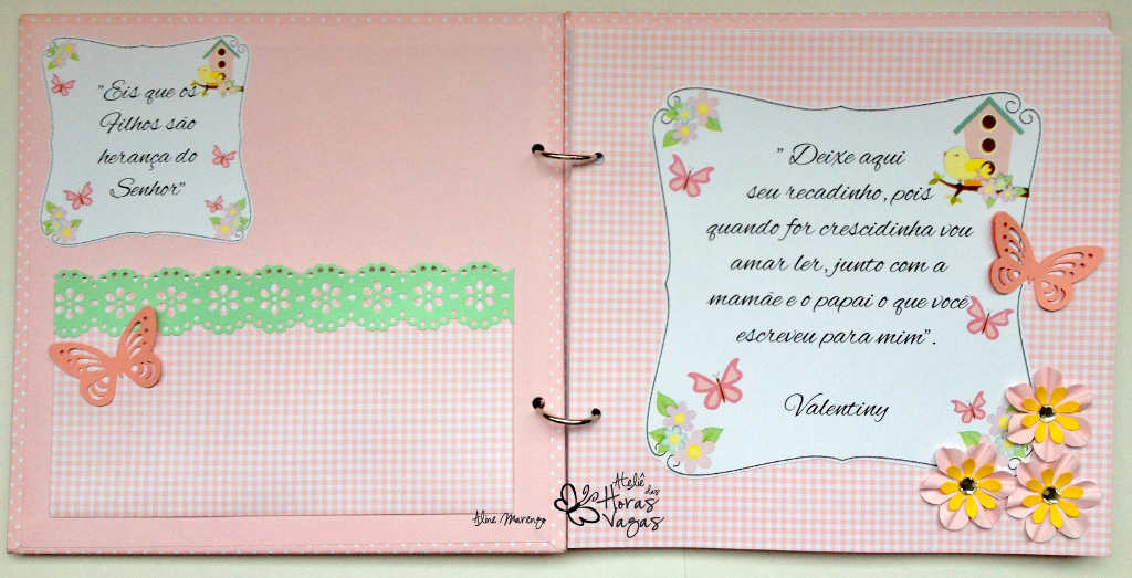 livro álbum de mensagens chá de bebê aniversário jardim encantado passarinhos flores rosa e verde claro menina