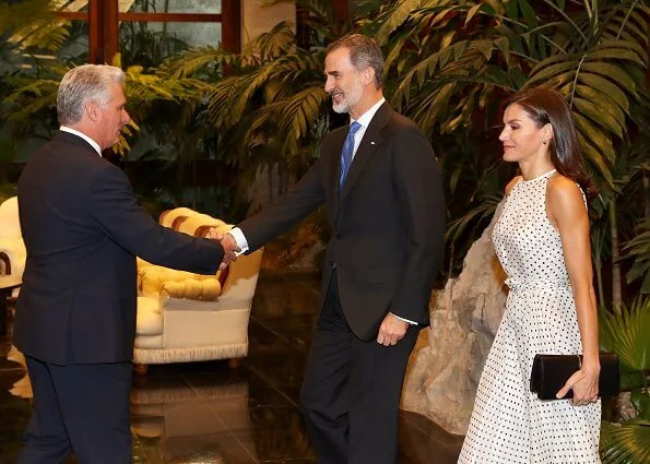 Queen Letizia wore Carolina Herrera polka dot silk dress, Steve Madden suede pumps and carried Nina Ricci Arc clutch