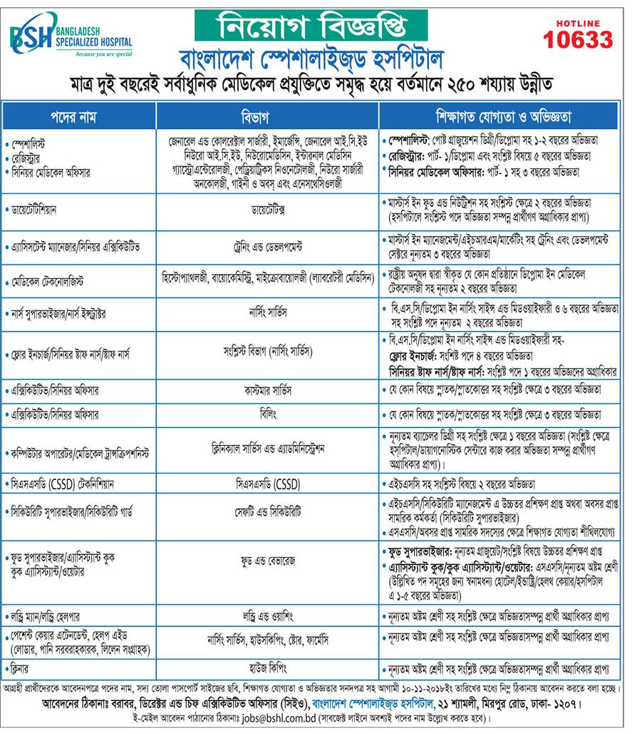 Bangladesh Specialized Hospital Limited (BSHL) Job Circular 2018