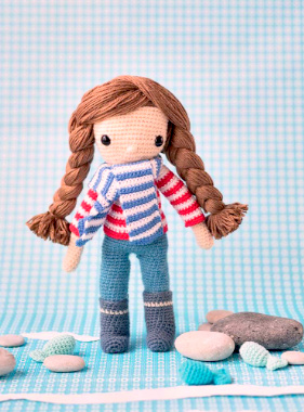 Crochet pattern amigurumi doll girl in stripey sweater and scarf