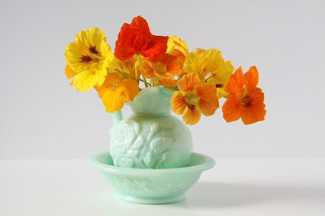 nasturtiums, vintage pitcher, avon pitcher, nasturtium bouquet, Anne Butera, My Giant Strawberry