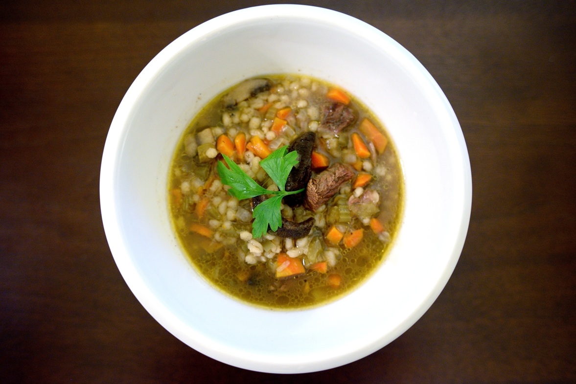 paper and plates: Beef, Mushroom, and Barley Soup