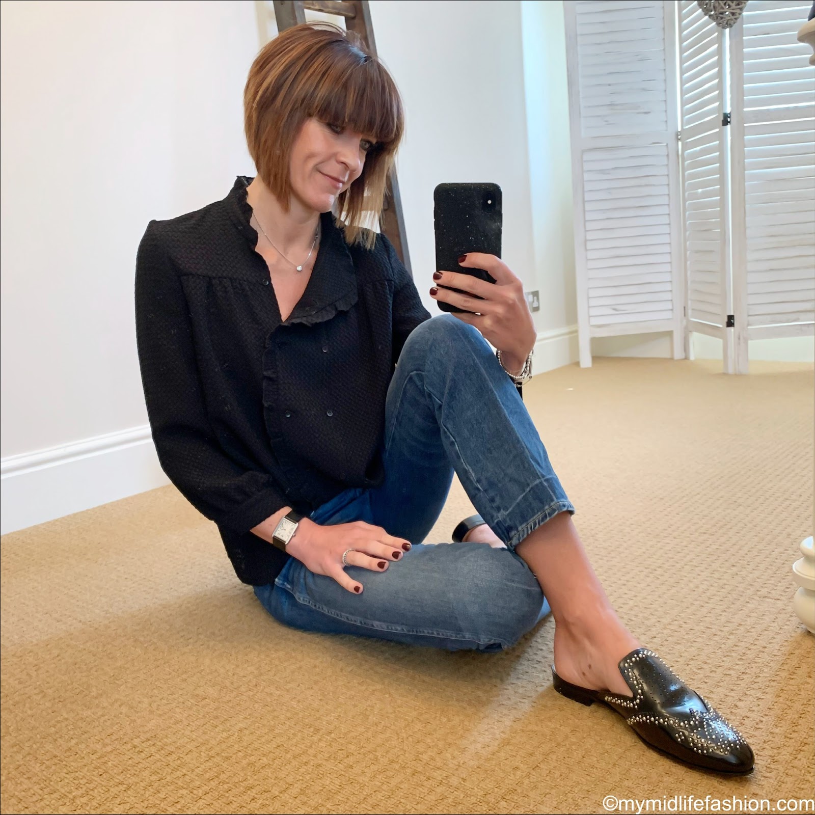 my midlife fashion, j crew studded academy penny loafer mules, bash double breasted seersucker blouse, j crew cropped kick flare jeans
