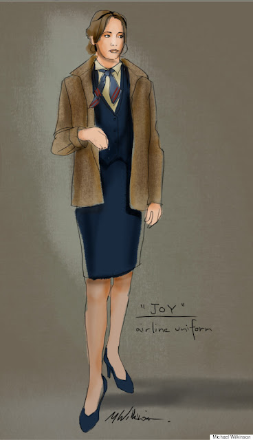 Figurino do filme Joy o nome do sucesso, Jennifer Lawrence, uniforme azul