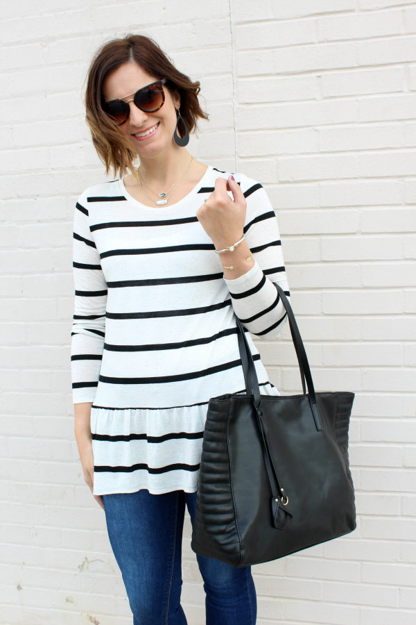black tote bag, poverty flats by rian, striped peplum top, mom style