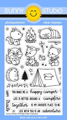 Sunny Studio: Critter Campout Squirrel, Raccoon, Bear, Deer, Fox & Hedgehog Camping 4x6 Clear Stamps