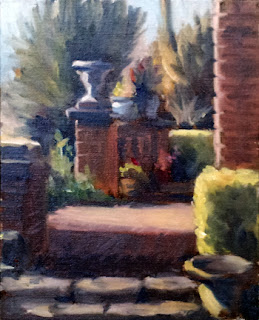 Oil painting of brick pillars and urns in amongst a garden setting.