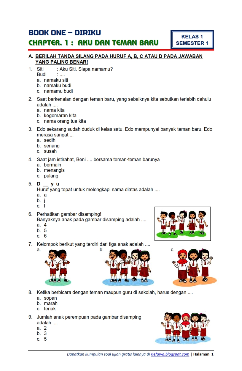 Download Soal dan Kunci Jawaban Kelas 1 Semester 1 Tema 1 Subtema 1