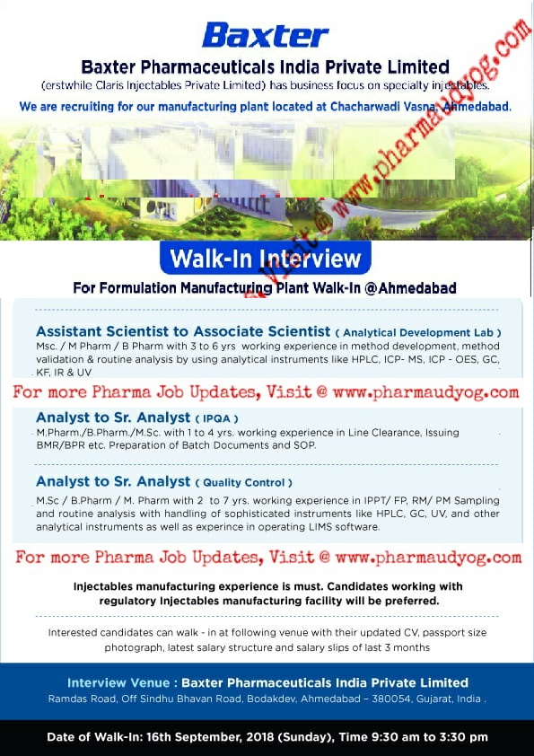 Baxter Pharmaceuticals India WalkIn interview for Multiple Positions