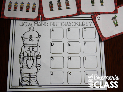 Nutcracker themed math centers perfect for Kindergarten at Christmas! Packed with hands on math activities for practice with measurement, counting, graphing, 10 frames, number printing, and patterns. #kindergarten #kindergartenmath #math #christmascenters #christmasmath #centers #mathcenters