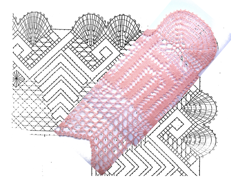 fotomontaje esquina con pluma doble con remate en trenza de 4 cabos sobre esquema-picado puntilla con esquina de encaje de bolillos número 2