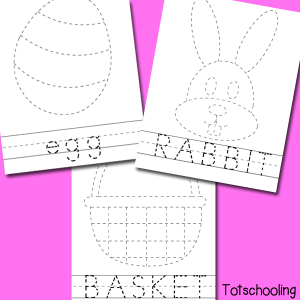 Free Easter themed worksheets to practice tracing words and pictures. Great for handwriting and fine motor skills. Includes an Easter bunny, egg, basket and a cross.