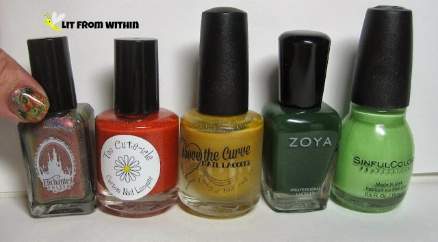 Bottle shot:  Enchanted Polish Congratulations, Too Cute-icle Hot Shades, Above the Curve Let's Tan-go, Zoya Hunter, and Sinful Colors Pistache.