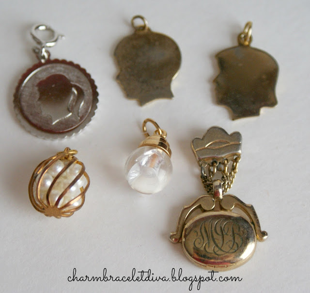 silhouette charms, monogram charm, mustard seed charm, pearls in cage