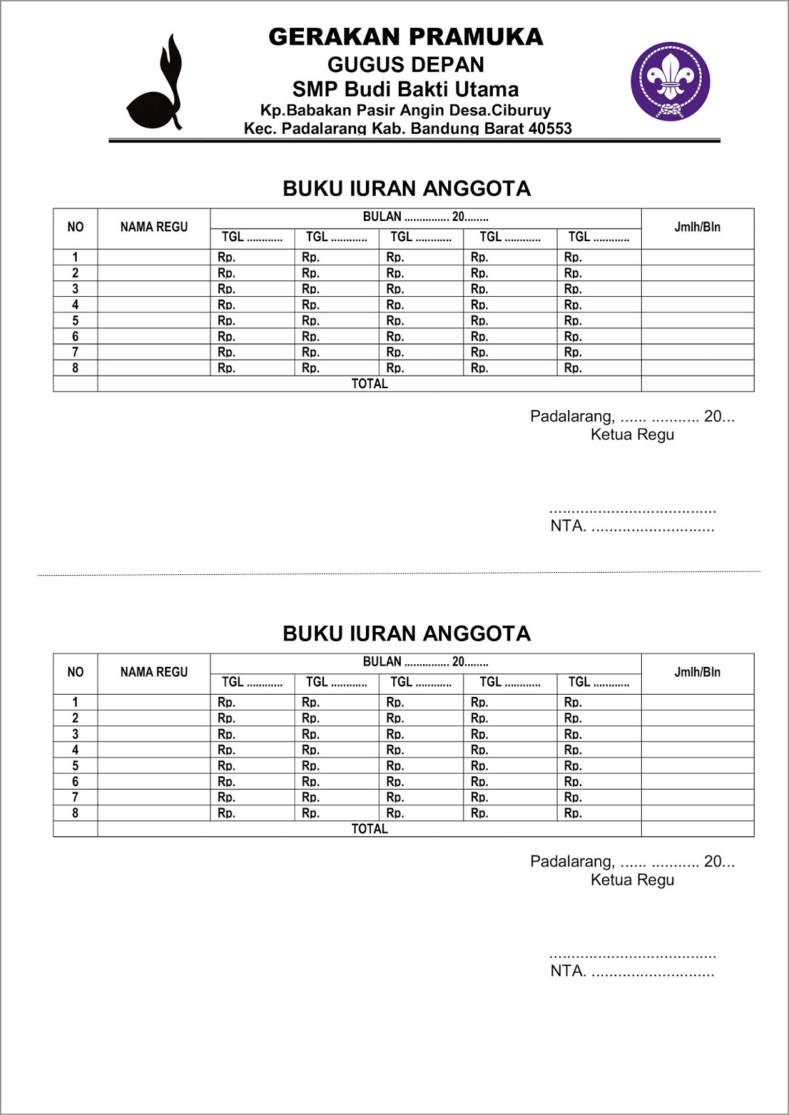 Contoh Format Uang Kas Pramuka Administrasi Pramuka