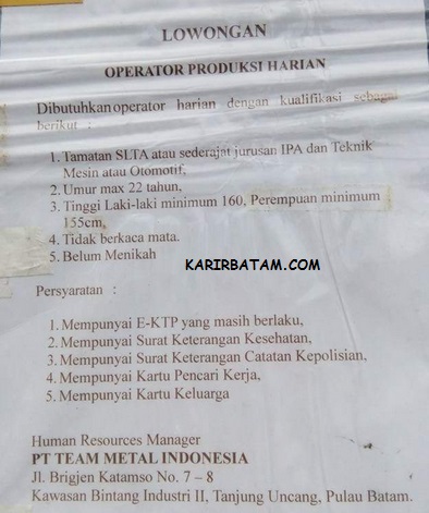 Lowongan Kerja PT. Team Metal Indonesia - Lowongan Kerja Batam 2022