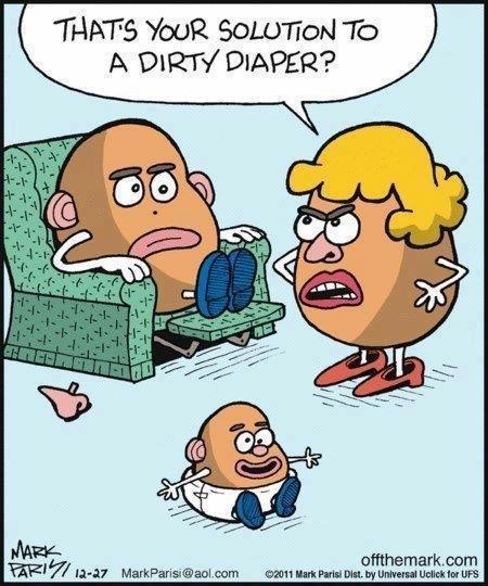 mr and mrs potato head discussing dirty diaper, mr potato head solution is to remove your nose