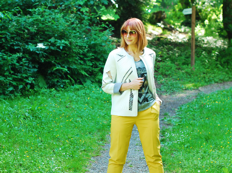 Dressed for a cool British summer: White scuba jacket, grey rock t-shirt, yellow tailored trousers | Not Dressed As Lamb Dressed for a cool British summer: White scuba jacket, grey rock t-shirt, yellow tailored trousers | Not Dressed As Lamb