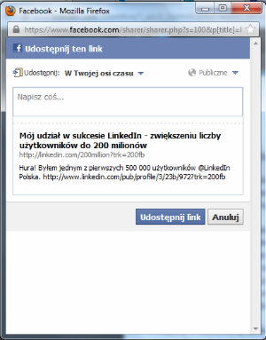 Facebook – udostępnianie statusu o tym iż byłem jednym z 500 tys. użytkowników LinkedIn w Polsce. 