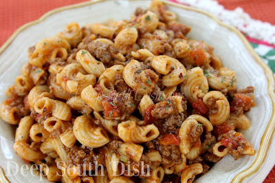 Basic Ground Beef American Goulash - a quick and easy ground beef, macaroni and tomato skillet meal. Stir in 1/2 cup of cubed Velveeta for a cheesy version.
