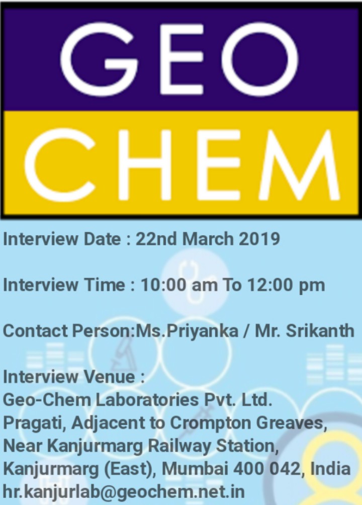 GeoChem Walkin interview for Microbiology Freshers 22 March 2019