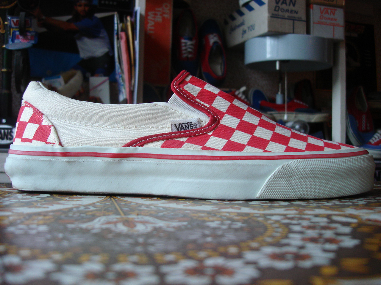 vans slip ons red checkerboard