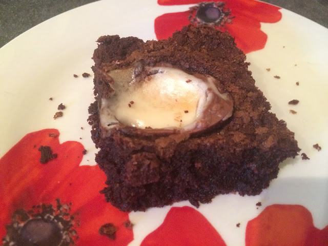 Photograph of a finished Creme Egg Brownie on a plate