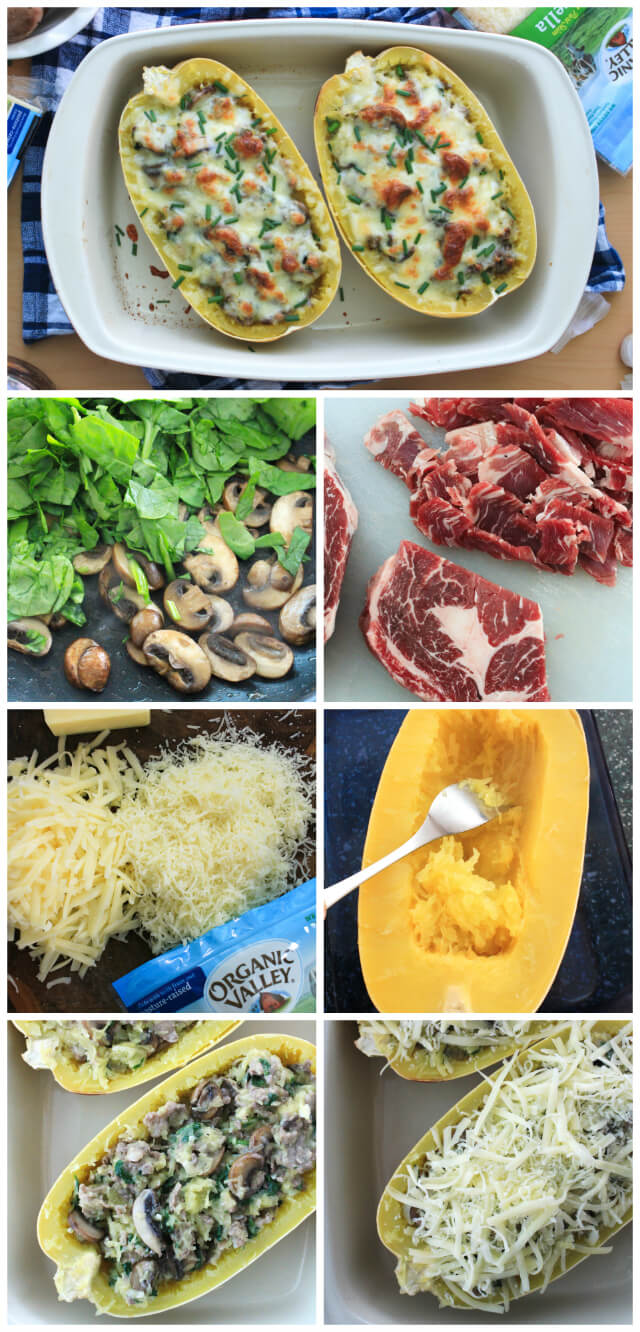 Garlic Steak and Cheddar Stuffed Spaghetti Squash is a fun and flavorful twist on steak night made by stuffing oven-baked spaghetti squash with thin-sliced ribeye steak, fresh vegetables, lots of garlic, and two kinds of Organic Valley Cheese. #GetCheesy #ad