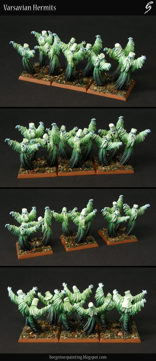 Three groups of Spirit Host miniatures for Warhammer, on square bases, visible from several angles. They are converted to resemble old russian hermits and are painted in a gradient-like color scheme, from black on the bottom, through green, to white, so give a 'ghostly' impression. They are usable in WFB or AoS.