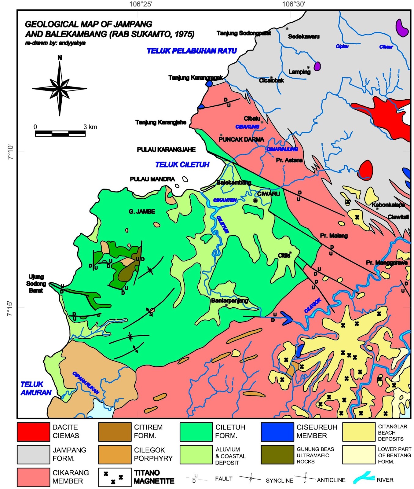 Peta geologi Jampang dan Balekambang digambar oleh dari Sukamto 1975 versi pdf tersedia disini