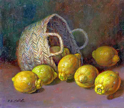 Bodegón pintado al óleo que representa unos limones caidos de una espuerta al fondo