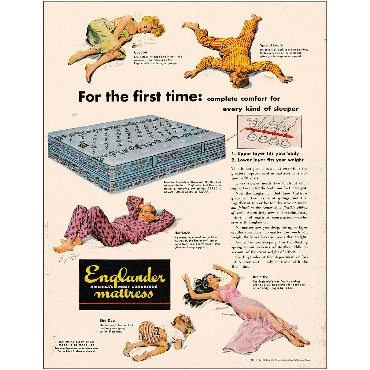 1948 ENGLANDER MATTRESS Magazine Ad COMPLETE COMFORT Old