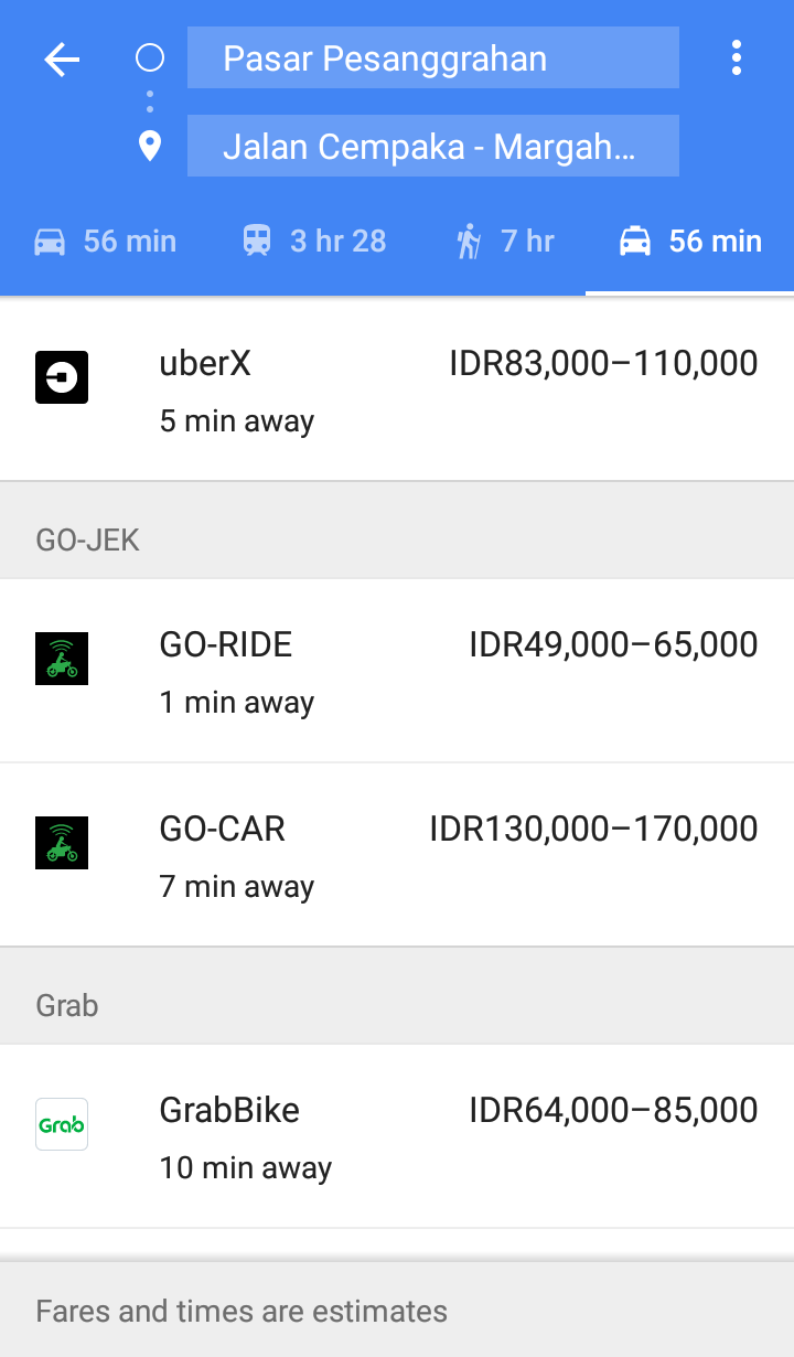 Menghitung Tarif Gojek, Uber, dan Grab Di Maps Android