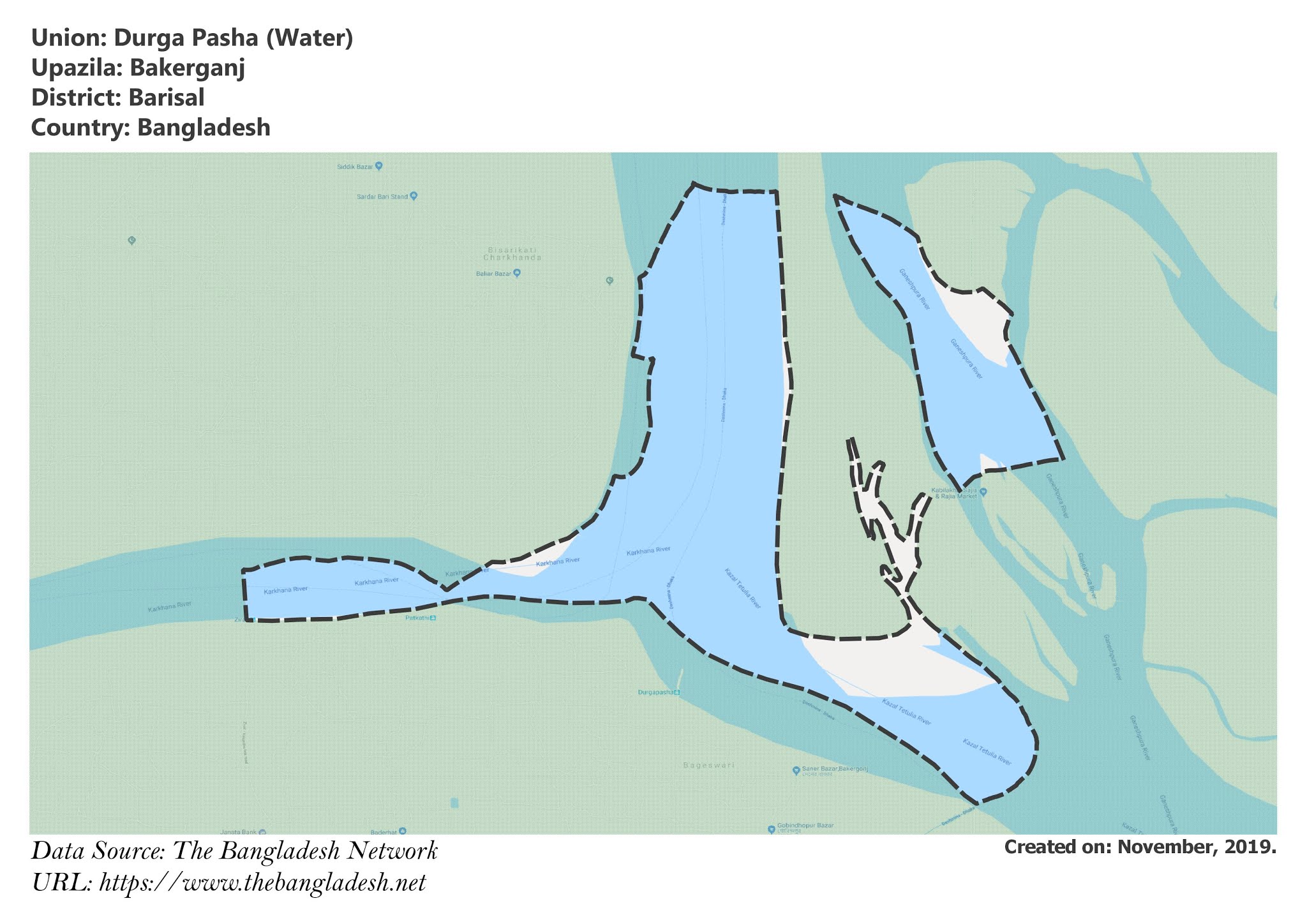 Map of Durga Pasha of Barisal, Bangladesh.