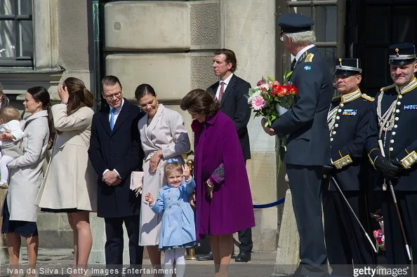 Ms Sofia Hellqvist, Princess Madeleine, Princess Leonore, Prince Daniel, Crown Princess Victoria, Princess Estelle, Queen Silvia, King Carl Gustaf XVI are seen during the celebration of the King's birthday at Palace Royale on April 30, 2015 in Stockholm, Sweden. 