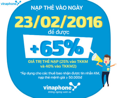Nạp thẻ Vinaphone tặng 65% duy nhất ngày 23/2