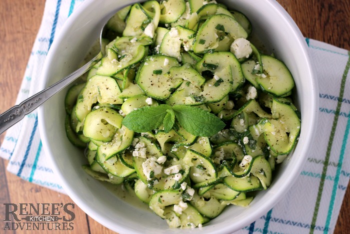 Greek Style Zucchini Ribbon Salad | by Renee's Kitchen Adventures is an easy, healthy recipe for raw zucchini salad. #rkarecipes #zucchini 