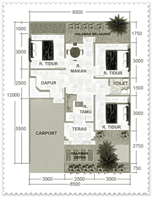 gambar denah rumah minimalis 3 kamar tidur type 36