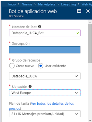 Figura 9: Formulario de creación del bot en Azure.